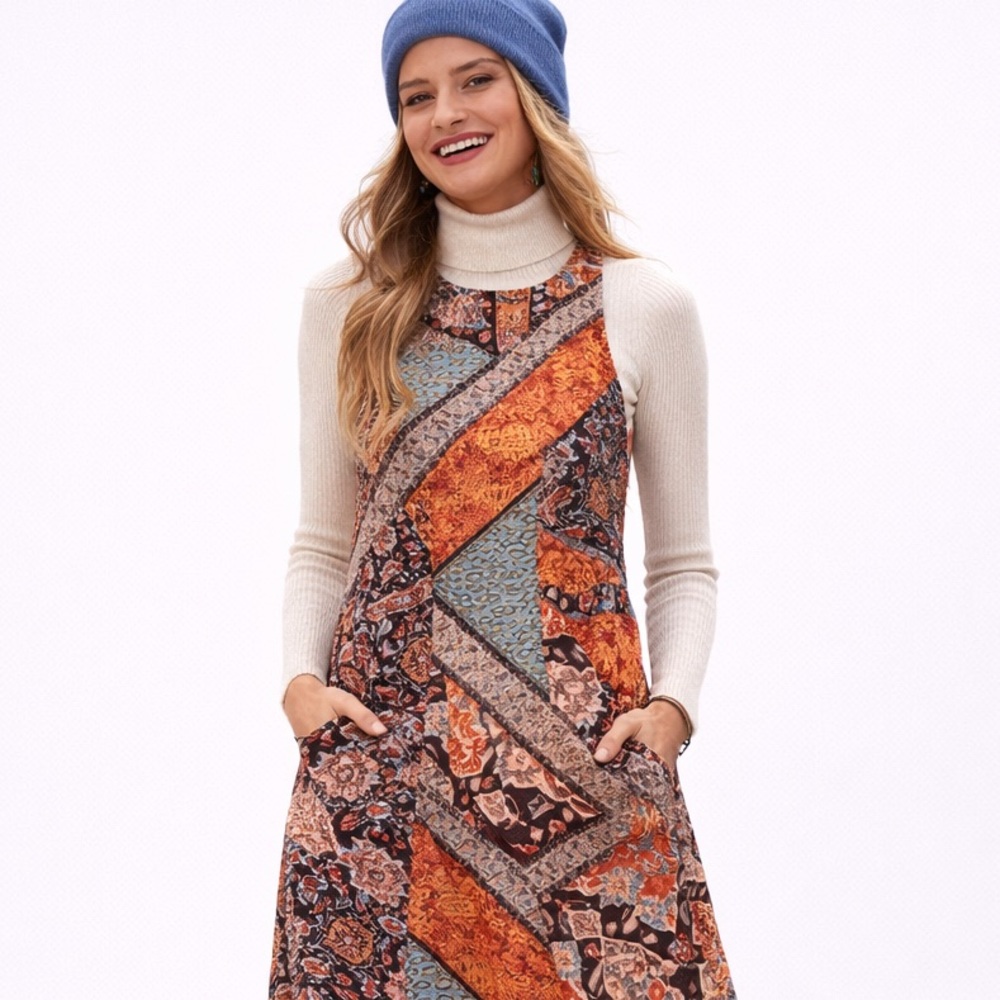 Organic Cotton Bohemian Patchwork Print Long Maxi Dress w/ Pockets 4 Seasons XL - Picture 9 of 15